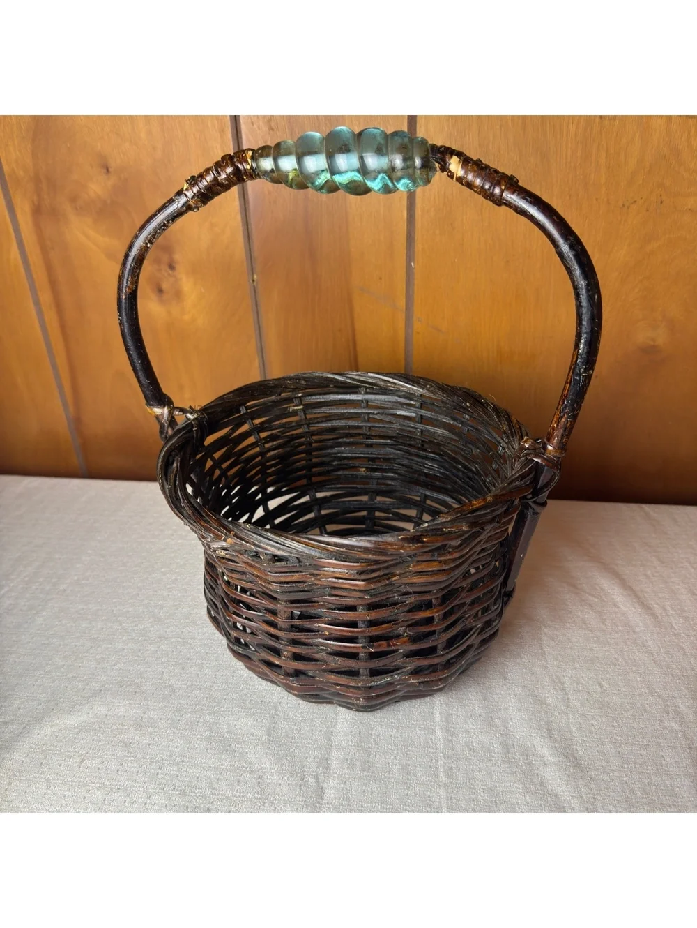 Vintage Wicker Basket Glass Handle Accent Dark Brown Woven Rustic Boho Decor